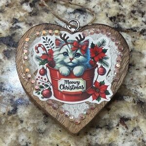Heart-Shaped Christmas Cat Ornament SPARKLE ACCENT NEW one of a kind CUSTOM